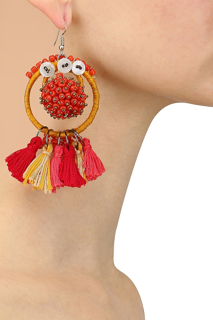 Nikasha presents Yellow and pink beadwork hoop earrings available only at Pernia's Pop Up Shop.