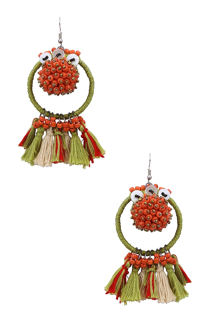 Green and Red Beadwork Hoop Earrings by Nikasha