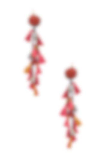 Red and Pink Beadwork and Tassel Fringe Fish Hook Earrings by Nikasha
