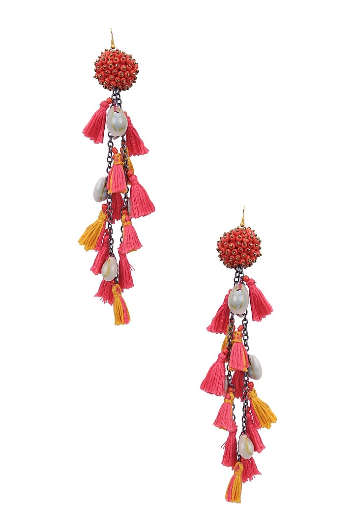 Red and Pink Beadwork and Tassel Fringe Fish Hook Earrings by Nikasha