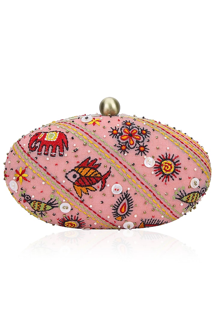 Pale Pink Animal Motifs Embroidered Clutch by Nikasha