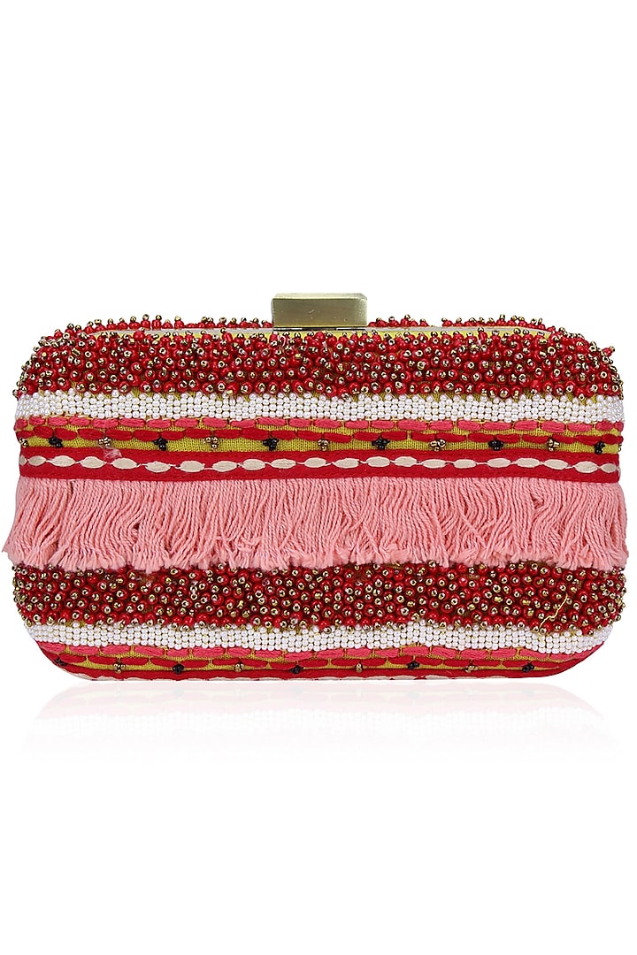 Pink Thread and Beads Embroidered Rectangular Box Clutch by Nikasha