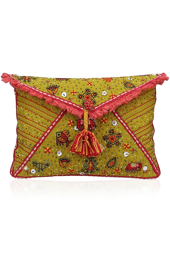 Mustard Yellow Thread and Beads Embroidered Flapover Clutch by Nikasha