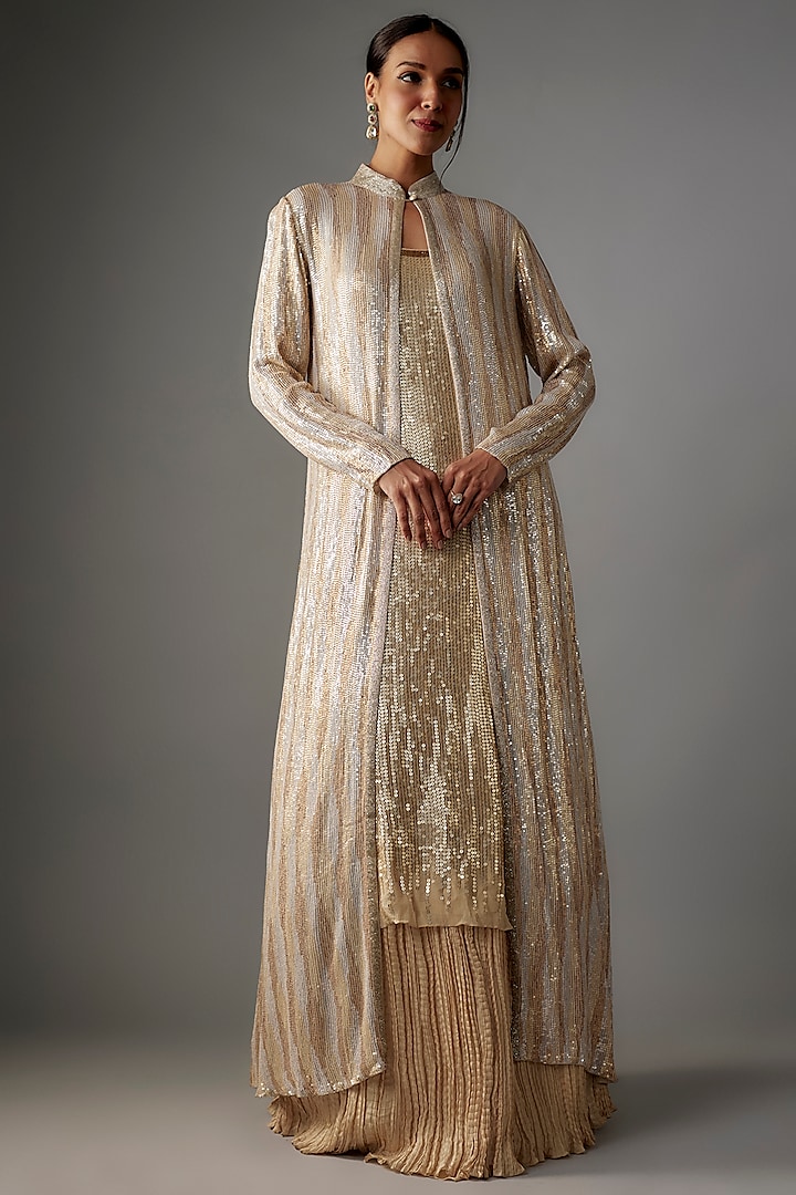 Ivory Chiffon Sequins Embroidered Jacket Set by Nakul Sen