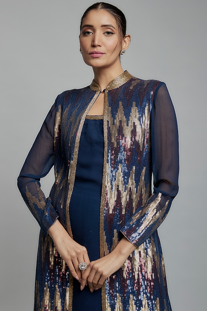 Blue Sequins Embroidered Jacket Set by Nakul Sen at Pernia's Pop Up Shop