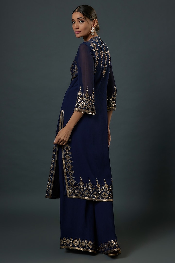 Navy Blue Chiffon Sequins Embroidered Bridal Sharara Set by Nakul Sen at Pernia's Pop Up Shop