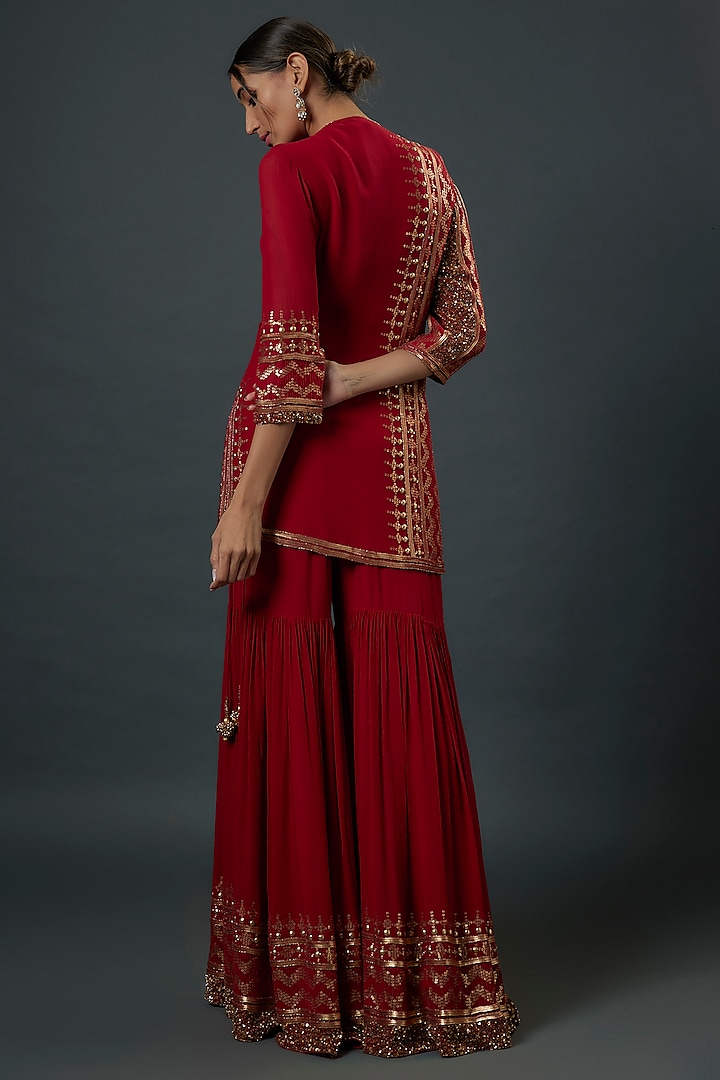 Red Chiffon Sequins Embroidered Bridal Sharara Set by Nakul Sen at Pernia's Pop Up Shop