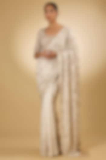 Ivory Silk Chiffon Sequins Embroidered Bridal Saree Set by Nakul Sen at Pernia's Pop Up Shop