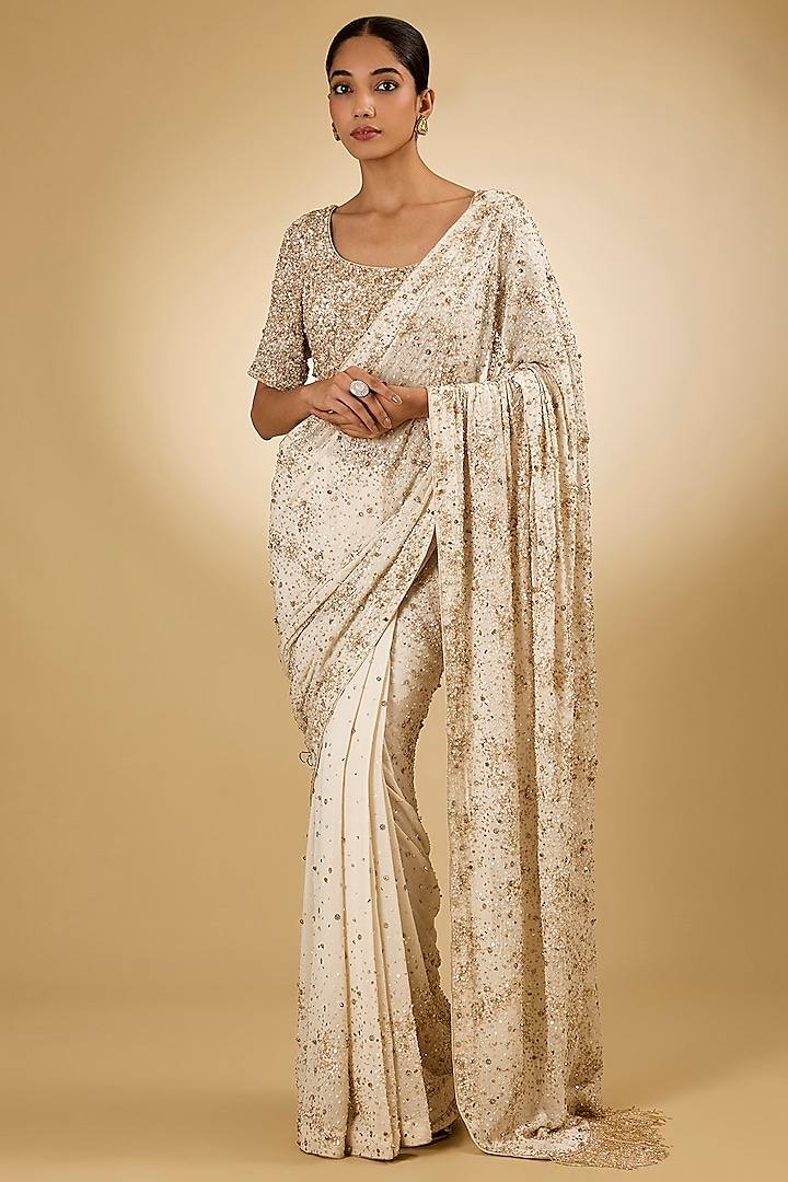 Ivory Silk Chiffon Sequins Embroidered Bridal Saree Set by Nakul Sen at Pernia's Pop Up Shop