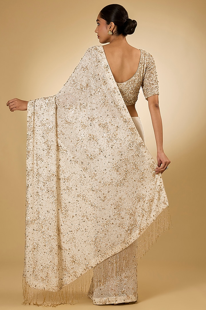 Ivory Silk Chiffon Sequins Embroidered Bridal Saree Set by Nakul Sen at Pernia's Pop Up Shop
