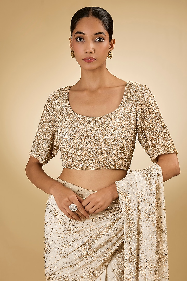 Ivory Silk Chiffon Sequins Embroidered Bridal Saree Set by Nakul Sen at Pernia's Pop Up Shop