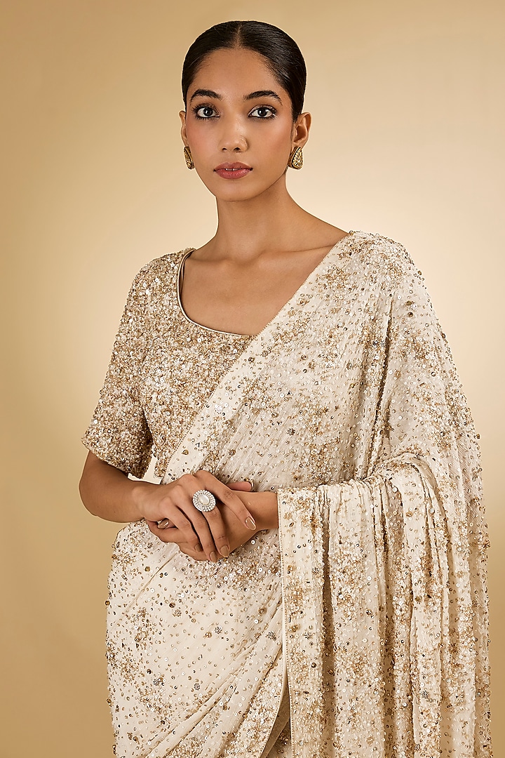 Ivory Silk Chiffon Sequins Embroidered Bridal Saree Set by Nakul Sen at Pernia's Pop Up Shop