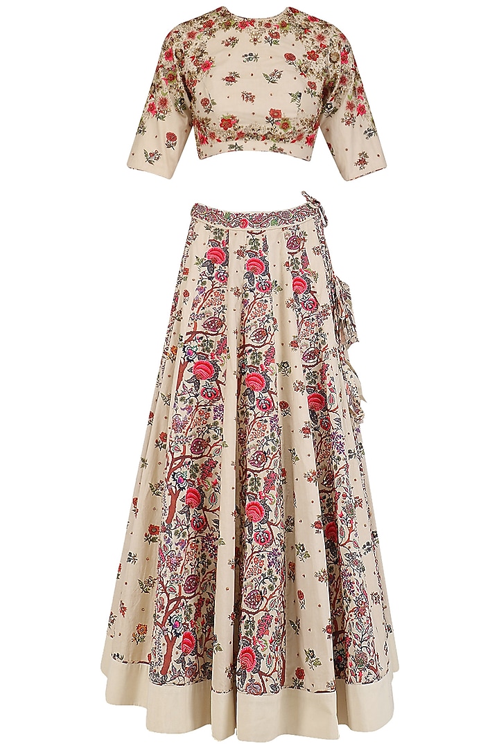 Off White Embroidered Floral Print Lehenga Set by Nikasha