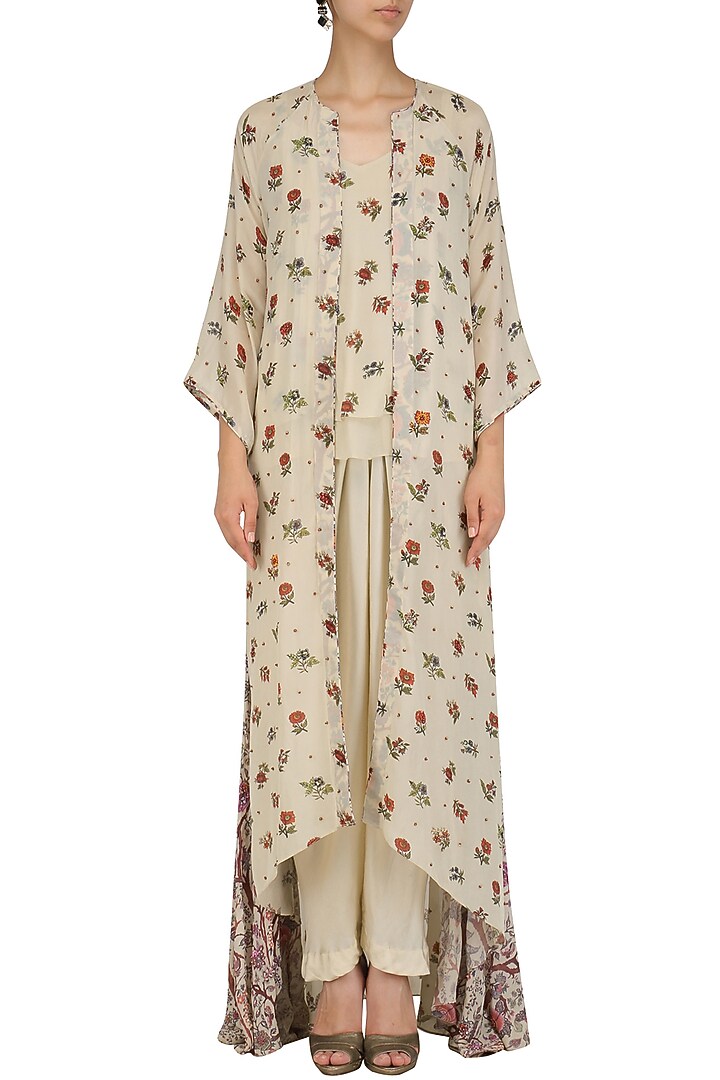 Off white cami top with floral print cape and pintuck pants available only at Pernia's Pop Up Shop