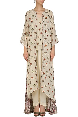 Off White Cami Top with Floral Print Cape and Pintuck Pants by Nikasha