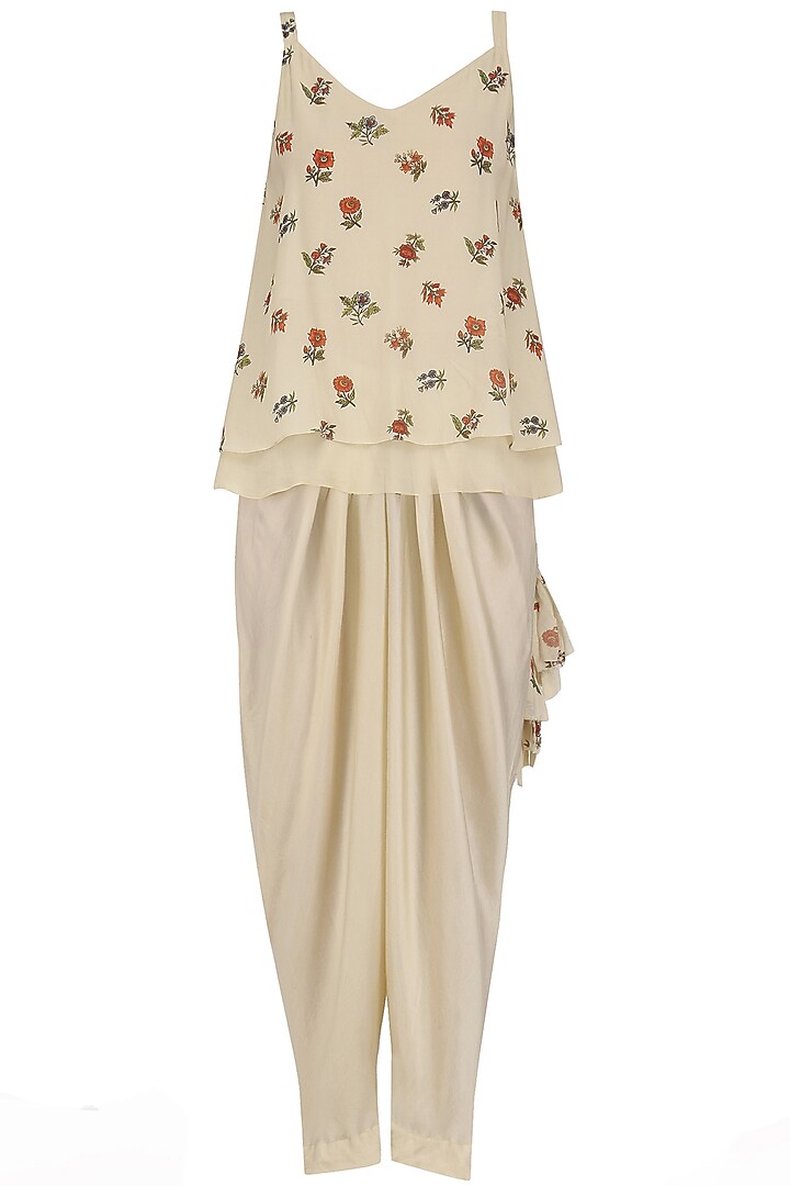 Off white cami top with floral print cape and pintuck pants available only at Pernia's Pop Up Shop