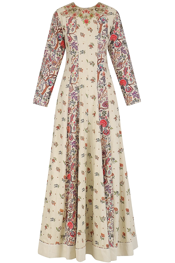 White embroidered floral print anarkali set available only at Pernia's Pop Up Shop