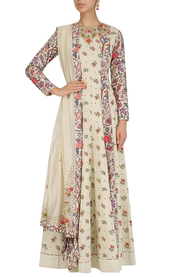 White embroidered floral print anarkali set available only at Pernia's Pop Up Shop