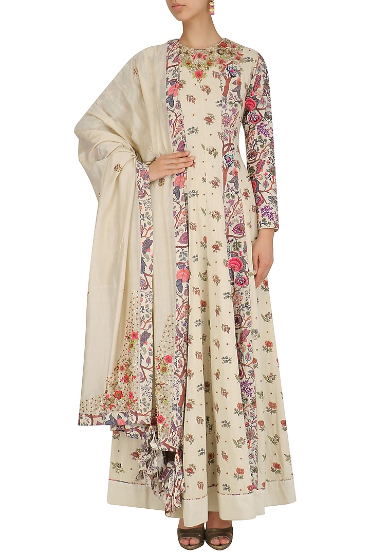 White embroidered floral print anarkali set available only at Pernia's Pop Up Shop
