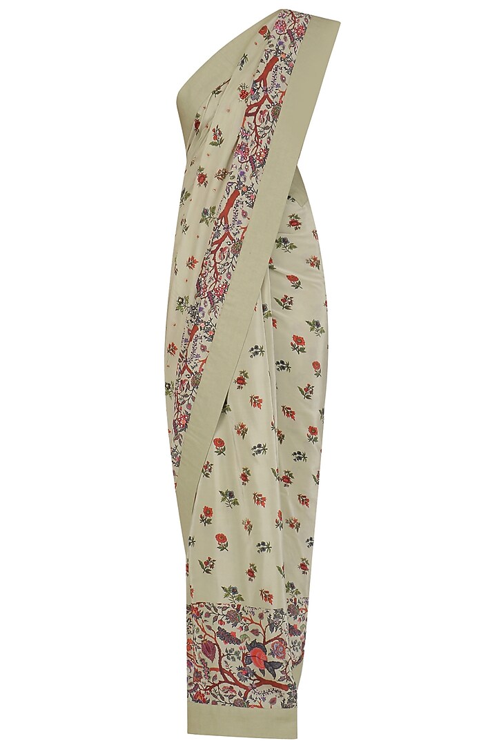 Mint floral print saree with embroidered blouse available only at Pernia's Pop Up Shop