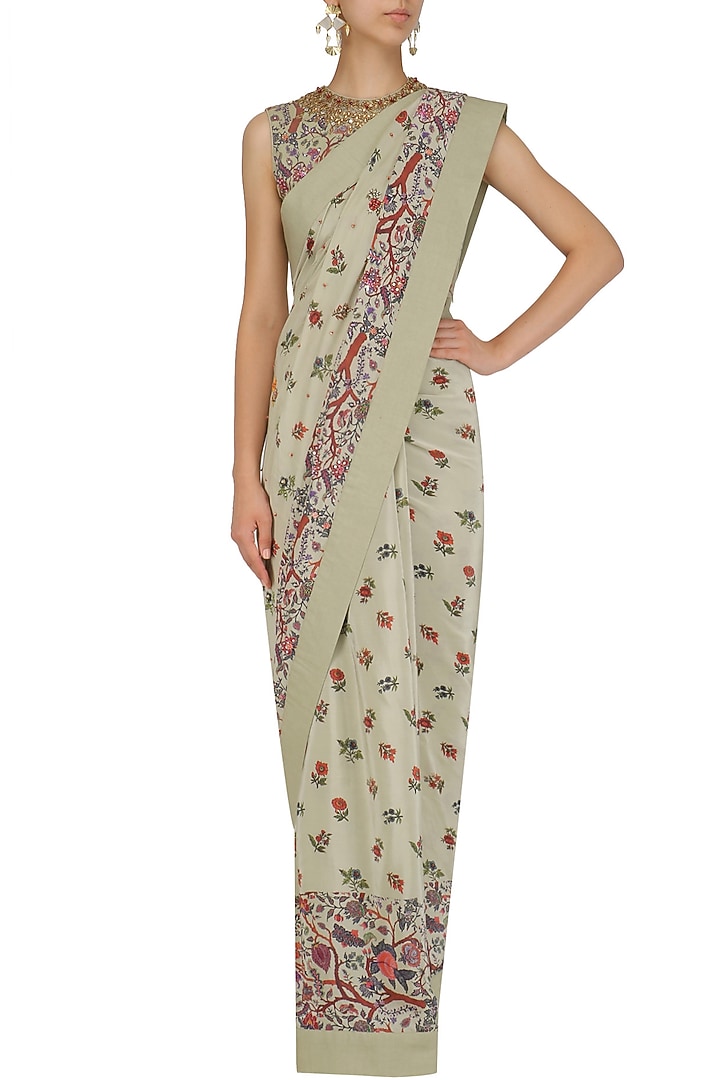 Mint floral print saree with embroidered blouse available only at Pernia's Pop Up Shop