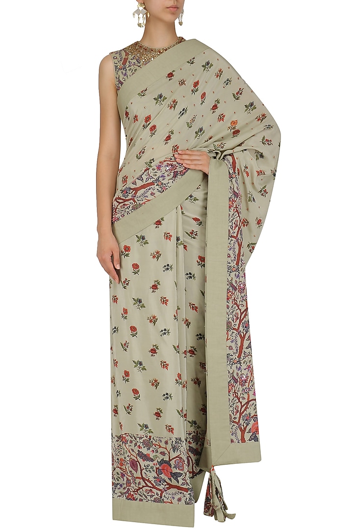 Mint floral print saree with embroidered blouse available only at Pernia's Pop Up Shop