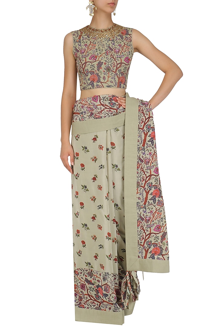 Mint floral print saree with embroidered blouse available only at Pernia's Pop Up Shop