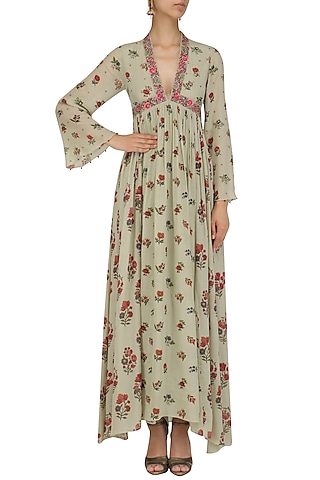 Mint Embroidered Floral Print Long Tunic by Nikasha