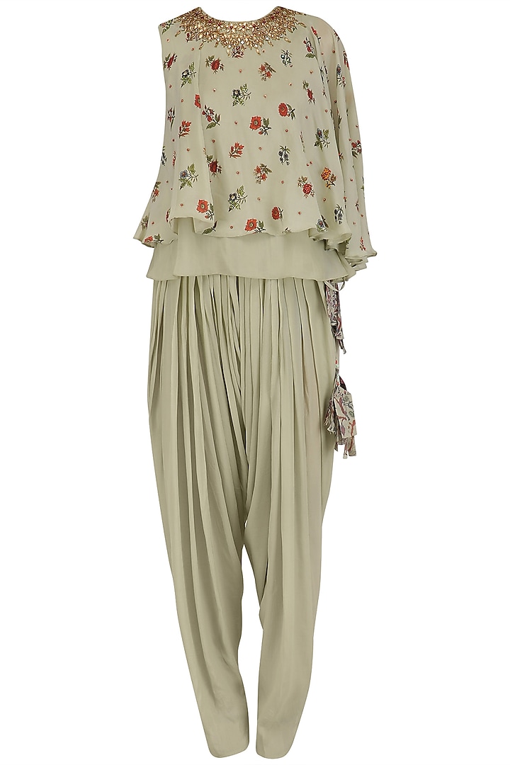 Mint Floral Print Embroidered One Sleeve Top with Patiala Pants by Nikasha