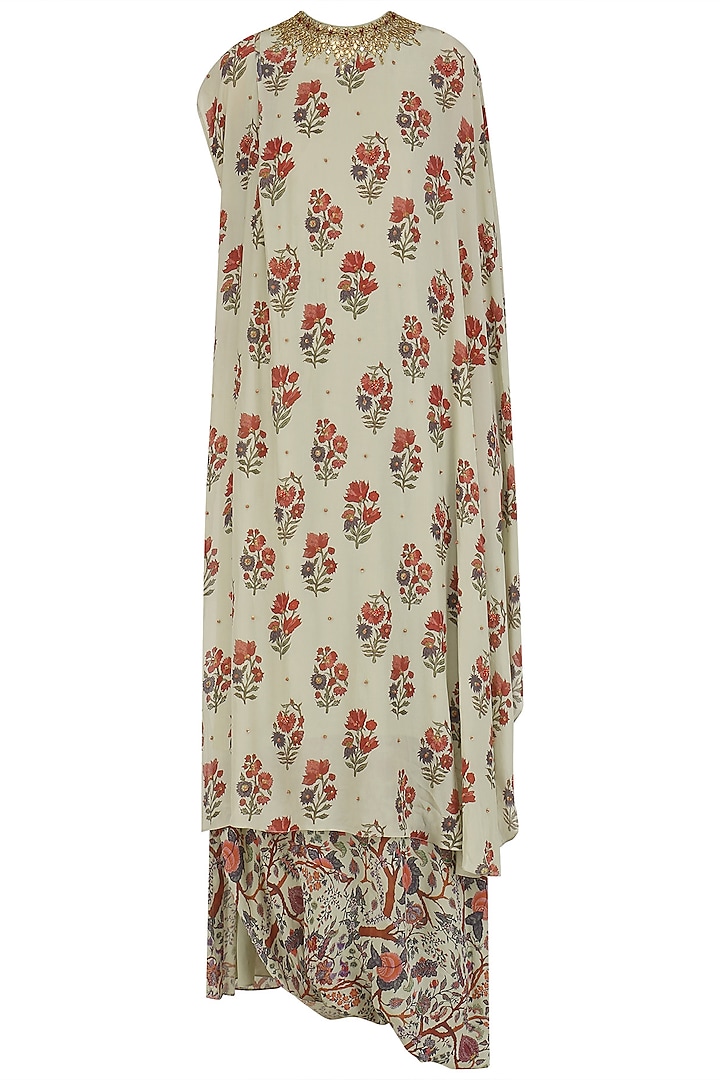 Mint Floral Print Embroidered Kaftan with Cowl Skirt by Nikasha