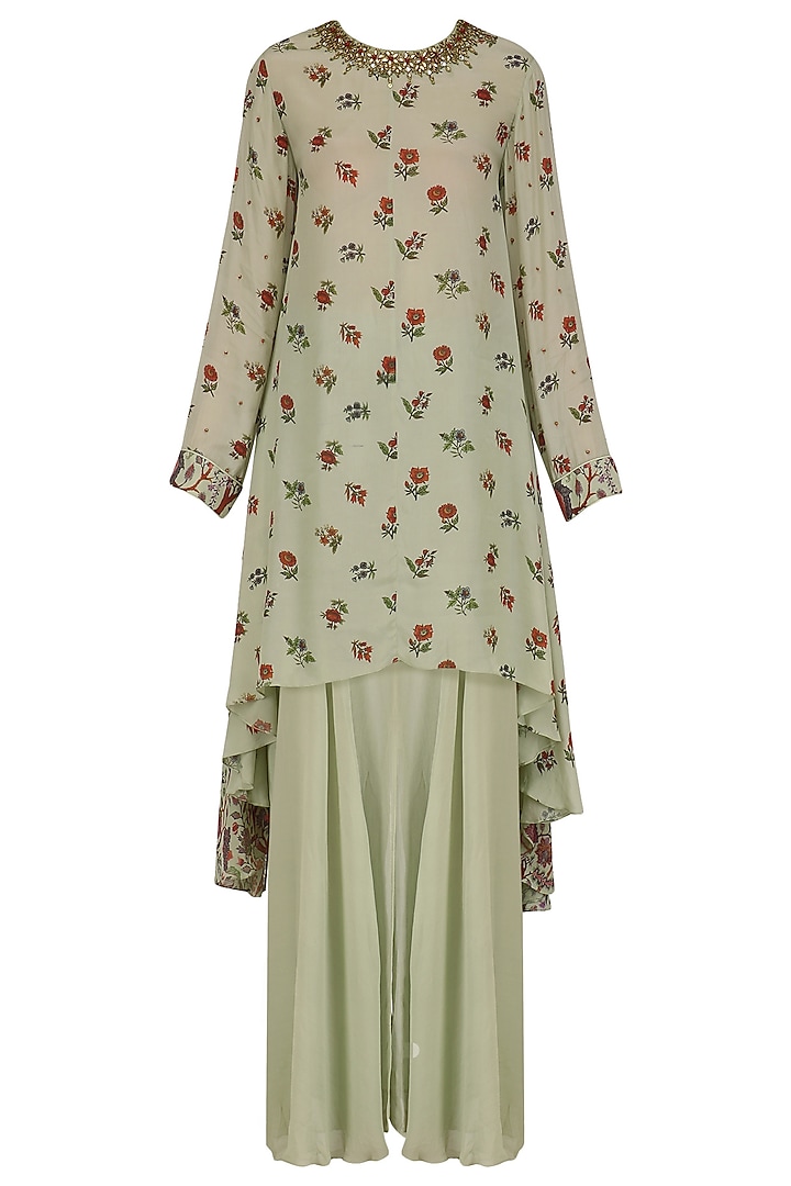 Mint Chintz Print Asymmetrical Kurta and Sharara Set by Nikasha