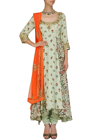 Mint Floral Floral Print Embroidered Kalidaar Set by Nikasha