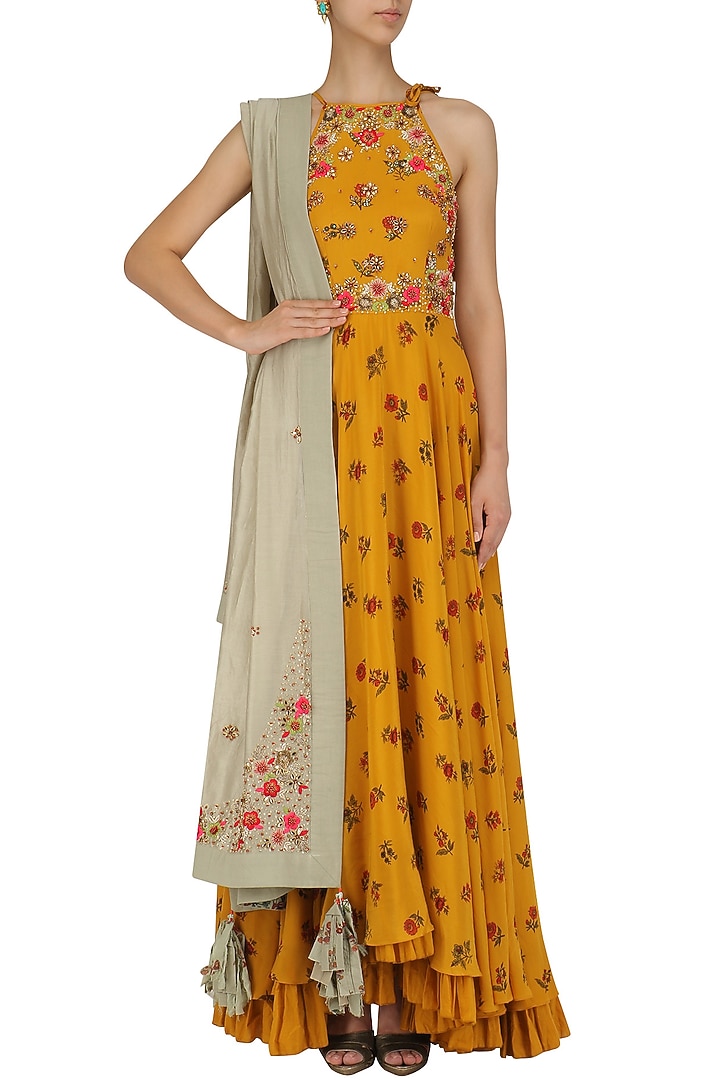 Mustard yellow embroidered lotus pond print kalidaar set available only at Pernia's Pop Up Shop.