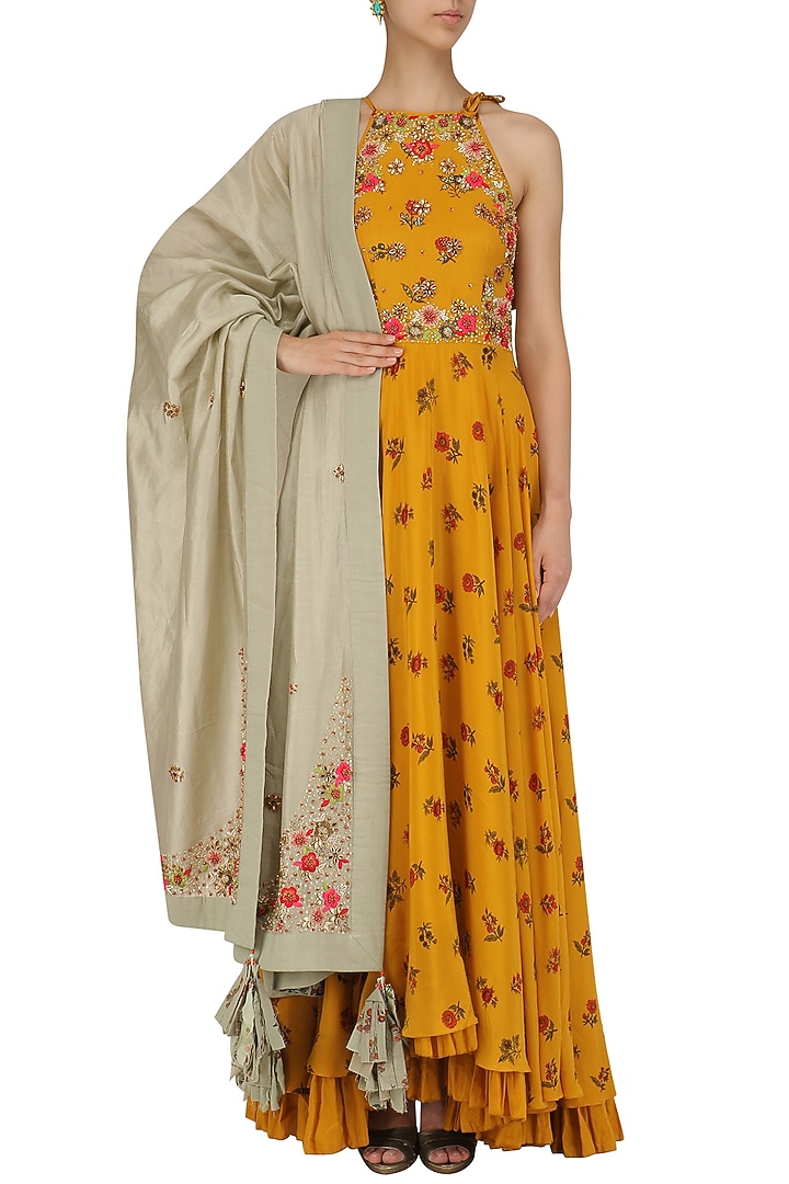 Mustard yellow embroidered lotus pond print kalidaar set available only at Pernia's Pop Up Shop.
