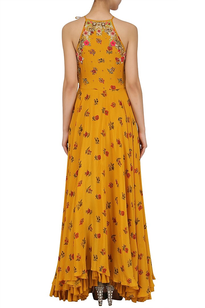 Mustard yellow embroidered lotus pond print kalidaar set available only at Pernia's Pop Up Shop.