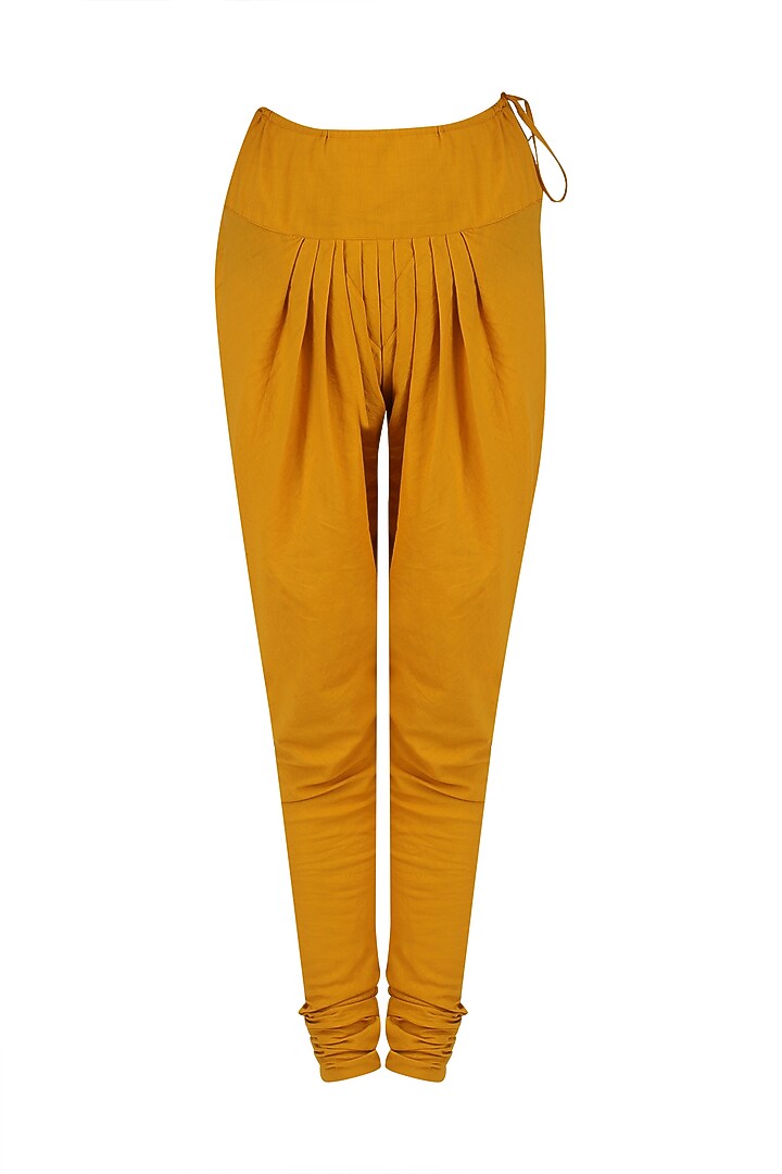 Mustard yellow embroidered lotus pond print kalidaar set available only at Pernia's Pop Up Shop.