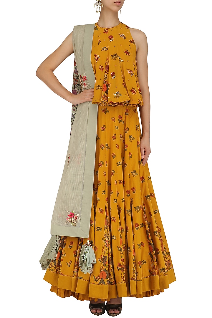 Mustard yellow embroidered chintz print lehenga set available only at Pernia's Pop Up Shop.