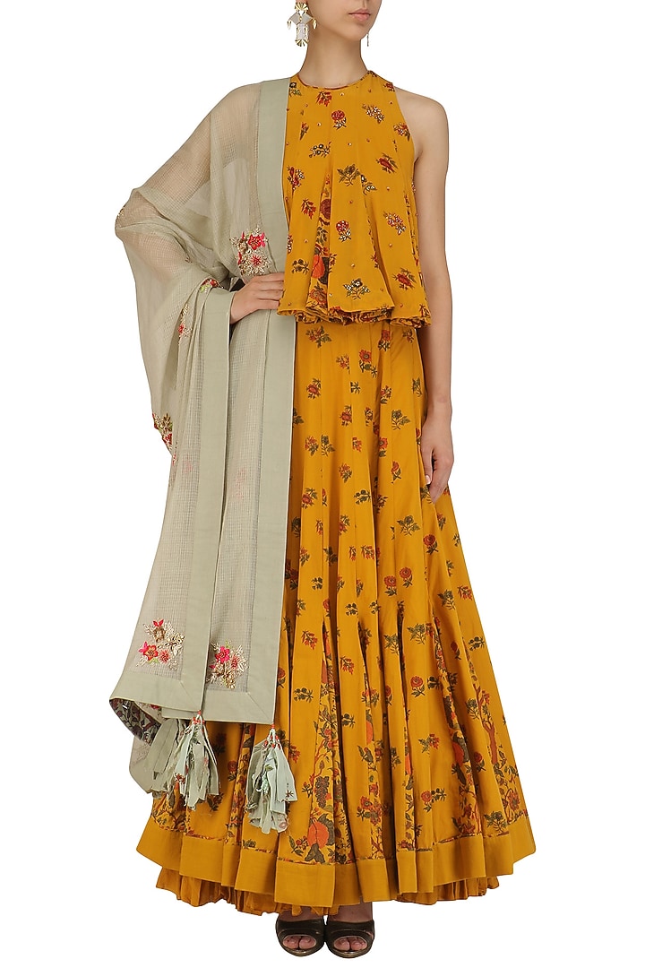 Mustard yellow embroidered chintz print lehenga set available only at Pernia's Pop Up Shop.