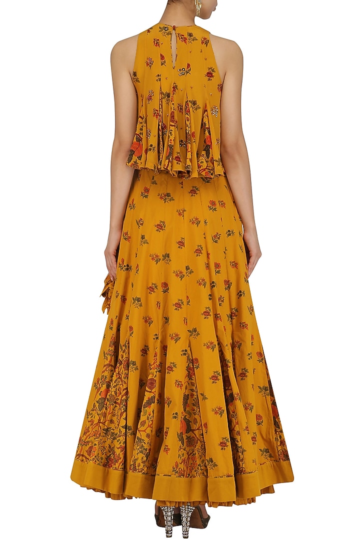 Mustard yellow embroidered chintz print lehenga set available only at Pernia's Pop Up Shop.