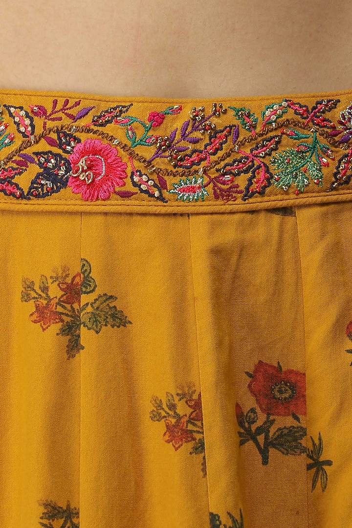 Mustard yellow embroidered chintz print lehenga set available only at Pernia's Pop Up Shop.