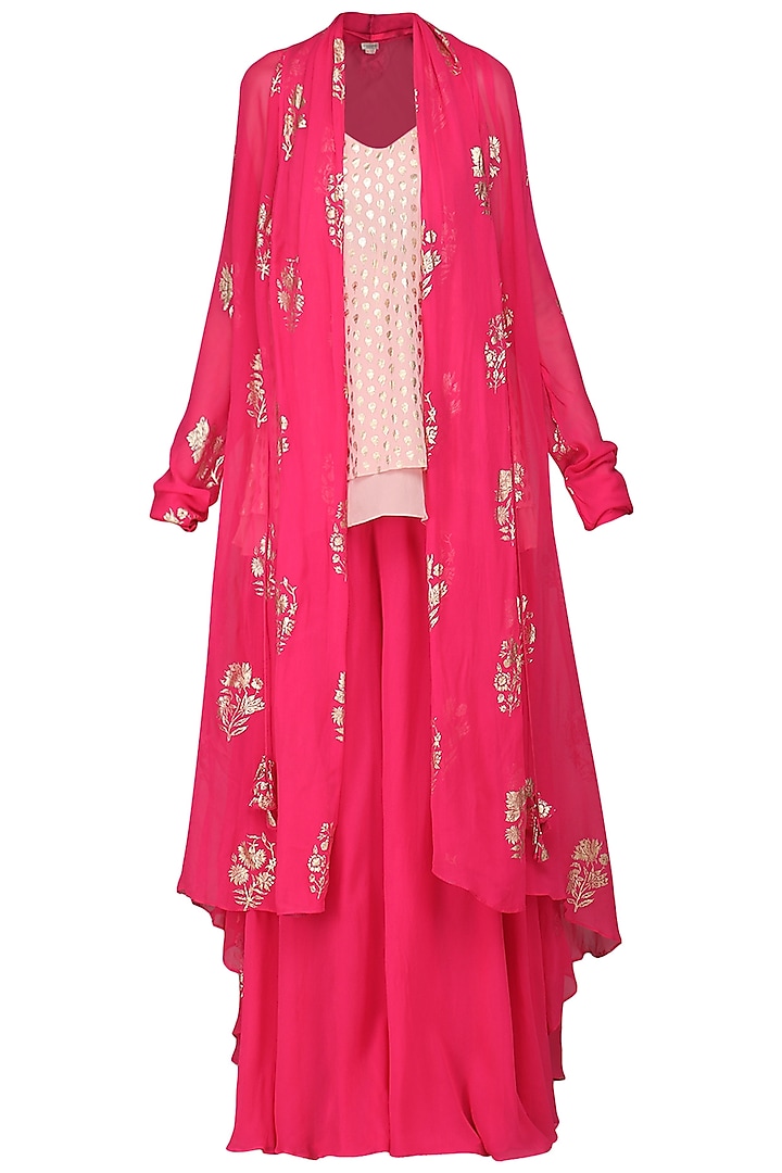 Rani Pink Printed Shrug with Cami Top and Sharara Pants by Nikasha