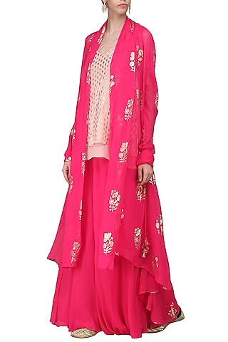 Rani Pink Printed Shrug with Cami Top and Sharara Pants by Nikasha