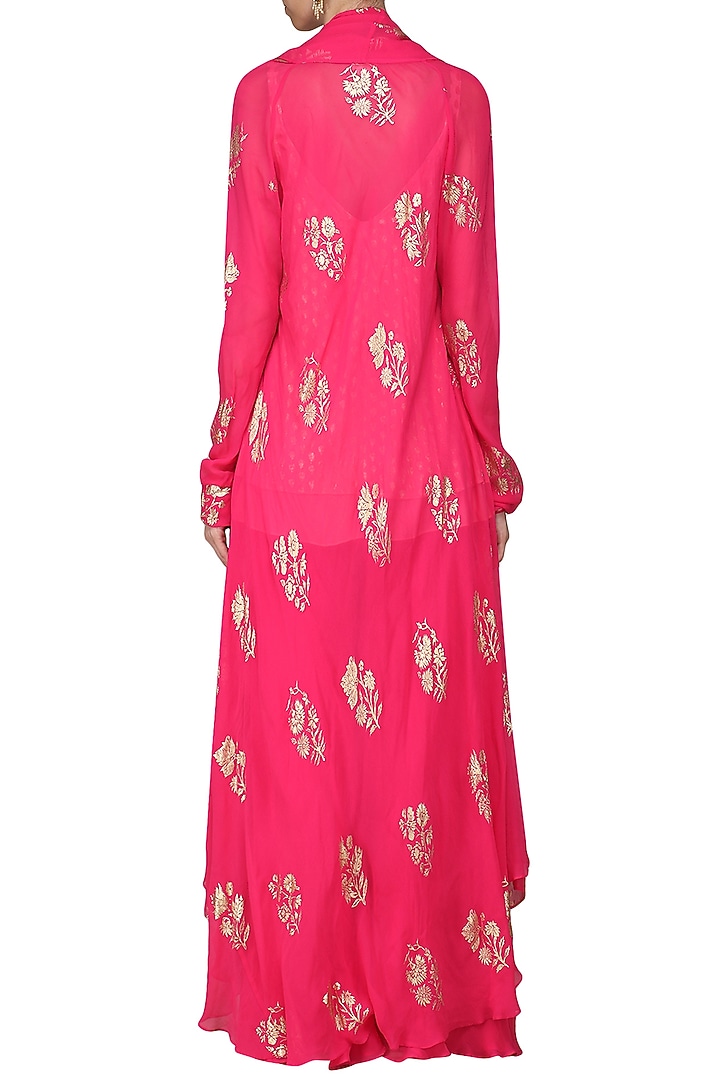 Rani pink printed shrug with cami top and sharara pants available only at Pernia's Pop Up Shop.
