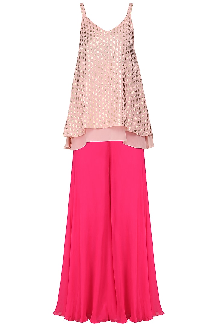 Rani pink printed shrug with cami top and sharara pants available only at Pernia's Pop Up Shop.