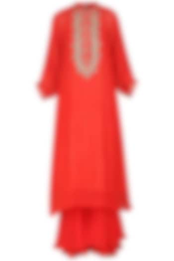 Carrot red embroidered kurta set available only at Pernia's Pop Up Shop.