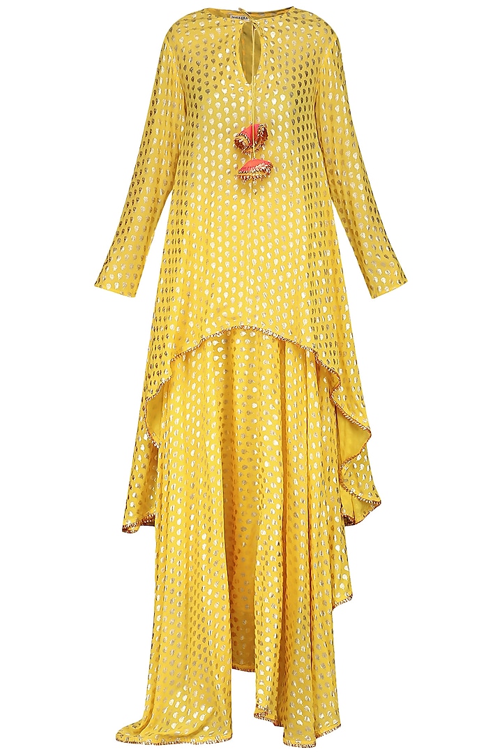 Yellow Asymmetrical Printed Tunic with Skirt and Dupatta by Nikasha
