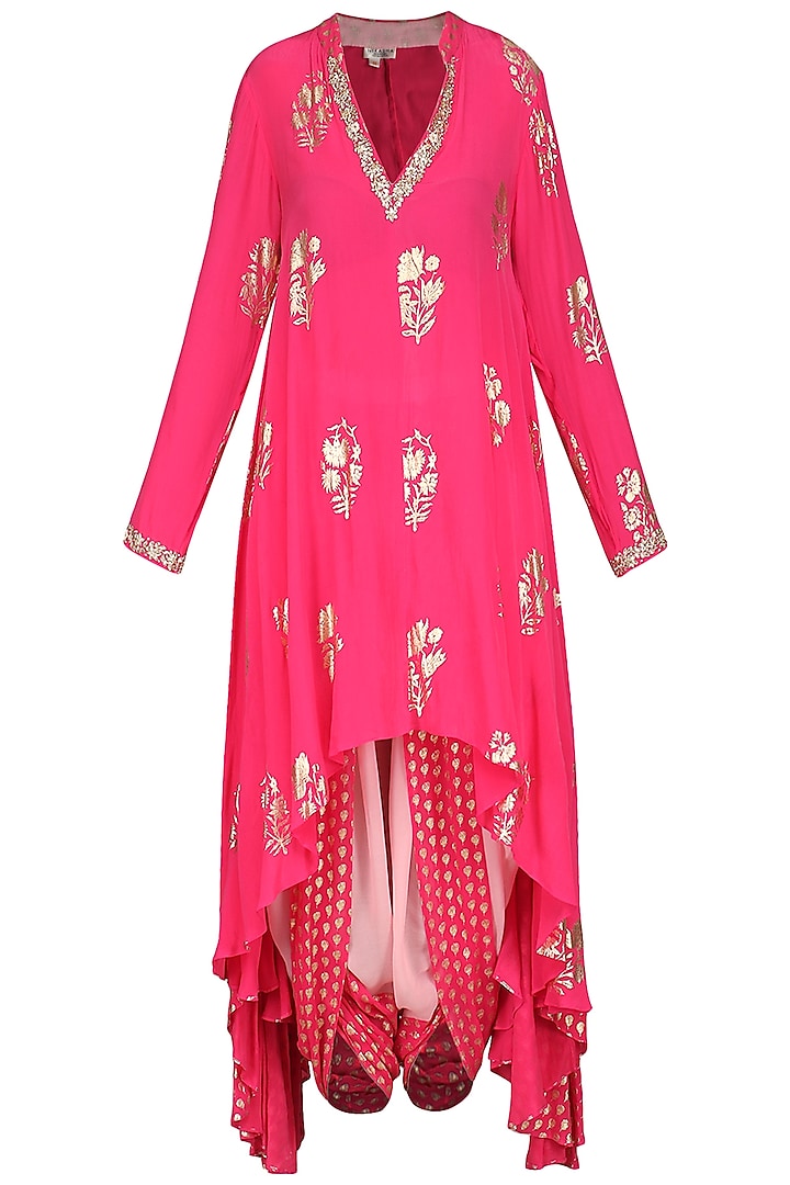 Rani pink asymmetrical tunic with cowl dhoti pants available only at Pernia's Pop Up Shop.