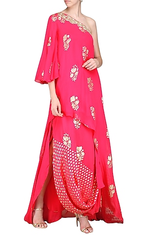 Rani Pink One Shoulder Tunic with Cowl Skirt by Nikasha