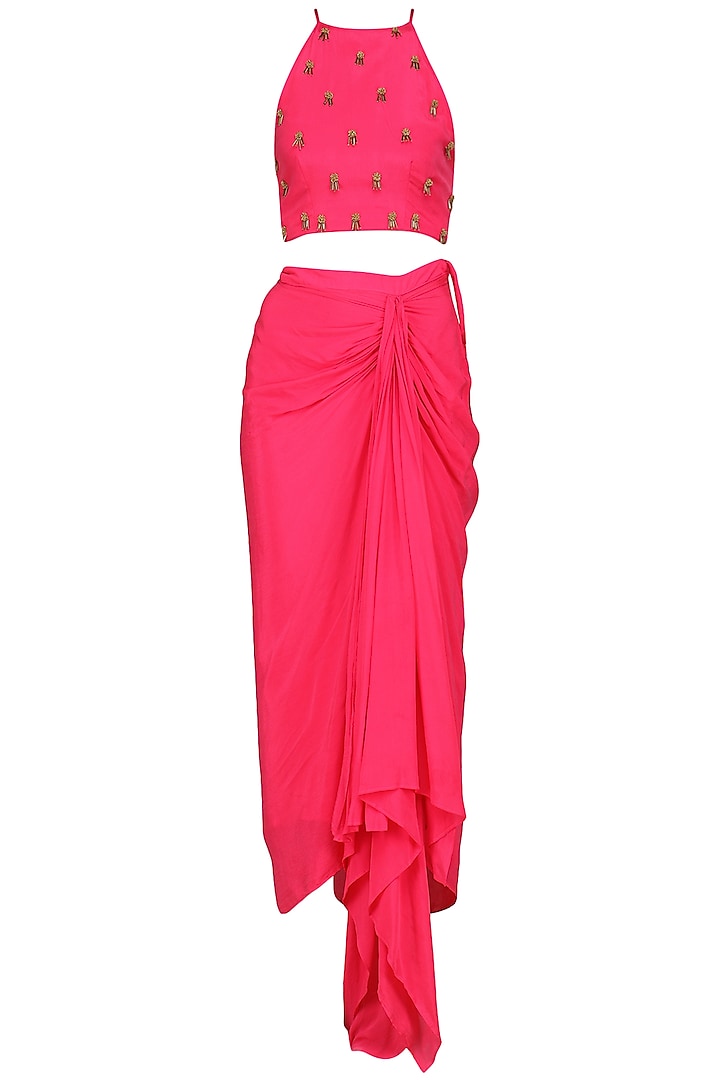 Rani Pink Embroidered Crop Top with Drape Skirt by Nikasha