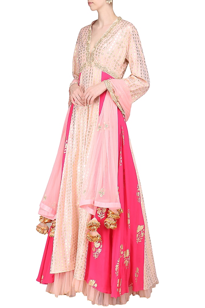 Salmon pink embroidered anarkali with rose pink churidar and dupatta available only at Pernia's Pop Up Shop.